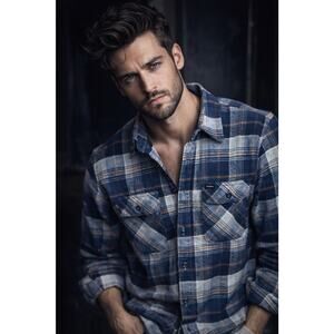 Brixton Bowery Long Sleeve Twill Cotton Plaid Shirt Blue Brown Sz L Cabincore